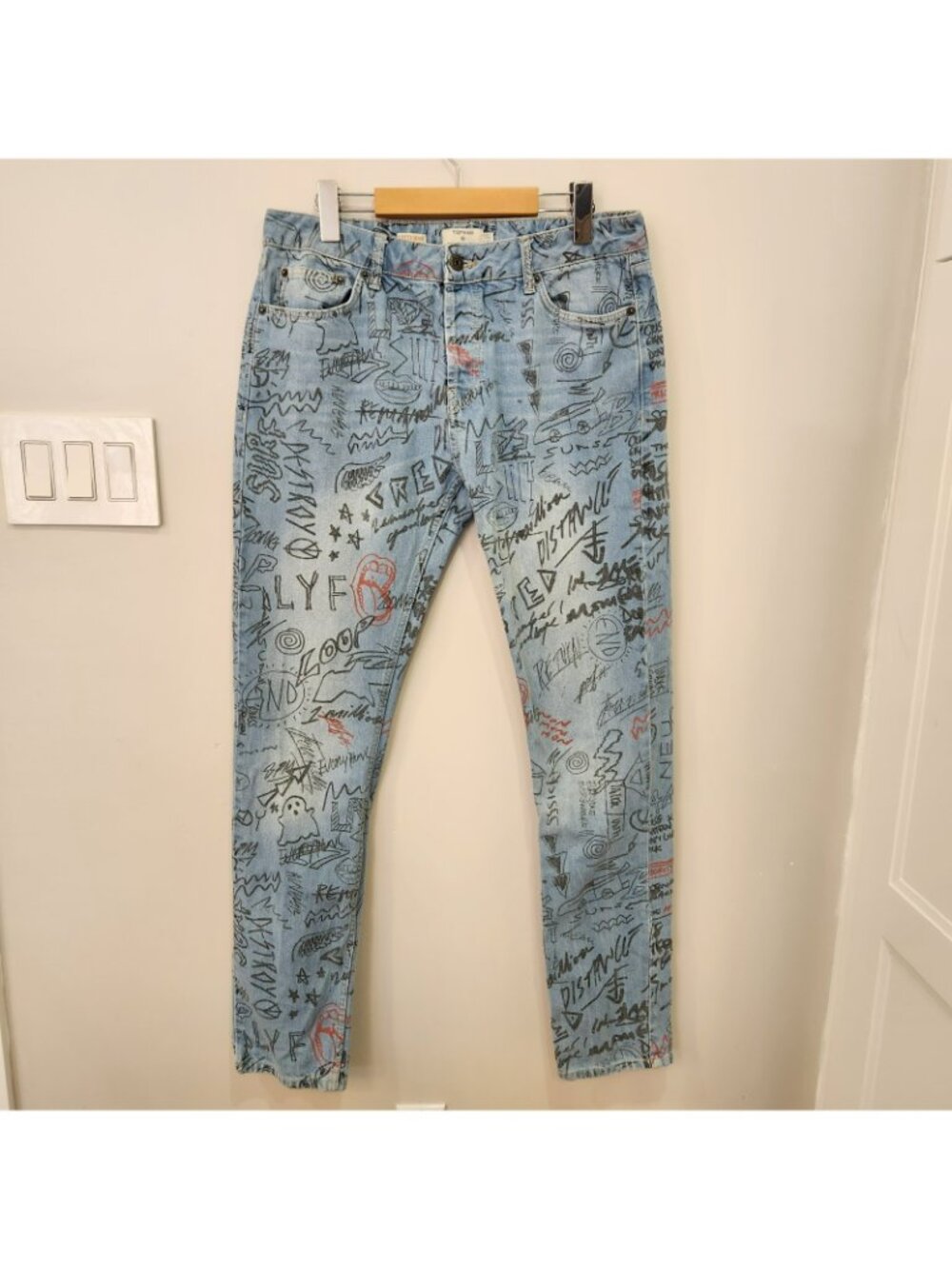 VTG Topman Stretch Skinny Jeans Doodle Print Light Blue Wash Faded Mens 34x34